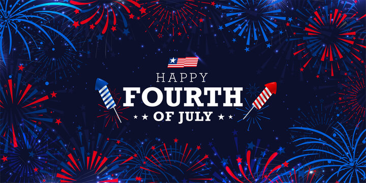 united states of America 4th of July celebration banner background with firework burst on navy blue background with greeting lettering. Vector design. 