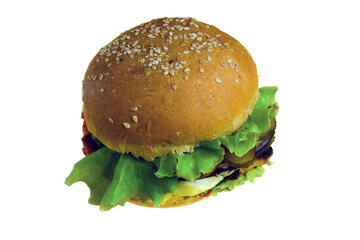 Big massive thick classic american hamburger isolated on white clipping background