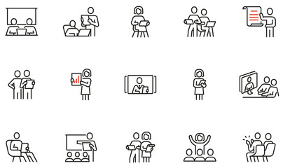 Vector Set of Linear Icons Related to Conference, Public Speaking, Online Seminar and Storytelling. Mono Line Pictograms and Infographics Design Elements