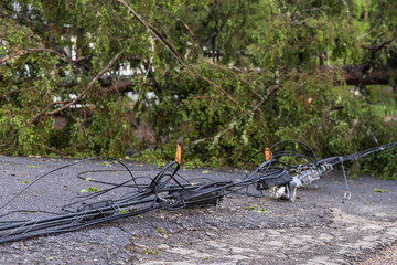 Closeup selective focus view of dangerous electricity supply wires lying across tarmac of main road...