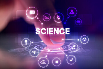 Finger touching tablet with web technology icons concept