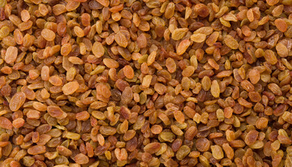 Organic golden raisins panoromic view. Close-up fruit background. Top view. 