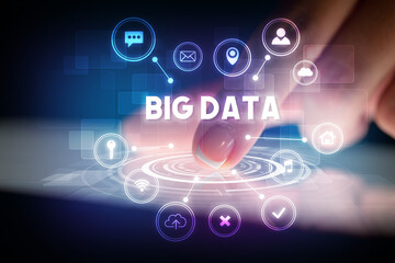 Finger touching tablet with web technology icons concept