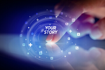 Finger touching tablet with social media icons concept