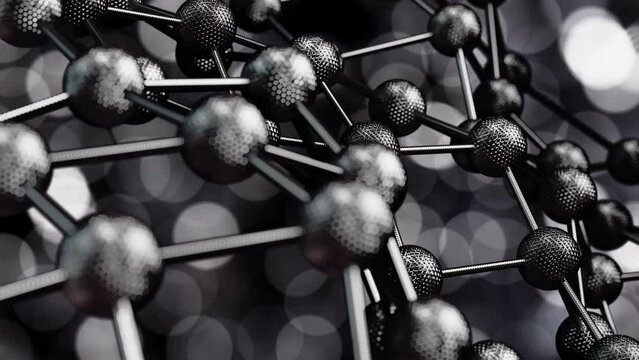 Realistic abstract looping DOF camera 3D animation of the moving silver metallic carbon fiber wireframe plexus pattern against light particles bokeh rendered in UHD