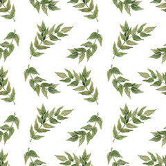 Watercolor seamless pattern with vintage green leaf branch. Isolated on white background.