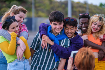 Group of teenagers enjoying lifestyle dressed in colors