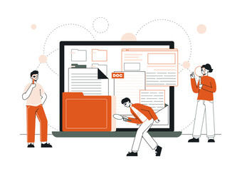 People searching data, looking for file documents concept. Exploring business files and documents, characters search vector illustration. Exploring, searching people