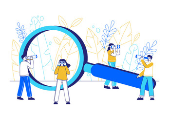 Searching characters, people looking smth with huge magnifying glass. Looking new idea, opportunities or human resources vector concept illustration. Magnifier searching