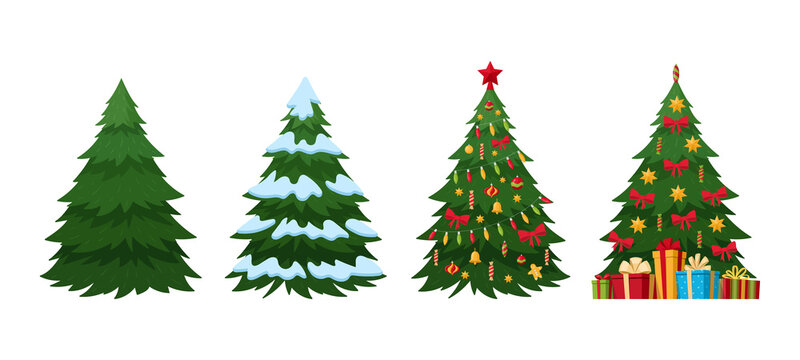 Cartoon Christmas fir trees, decorated and covered with snow green xmas trees. Winter holiday symbol vector illustrations set. Christmas fir trees collection