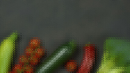fresh organic zucchini, broccoli, tomatoes, peppers close-up on a dark background, with a frosted glass overlay effect on top. top view