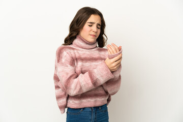 Little caucasian girl isolated on white background suffering from pain in hands