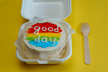 Asian bento box cake, small korean bento cake with rainbow inscription good day. Delicious...