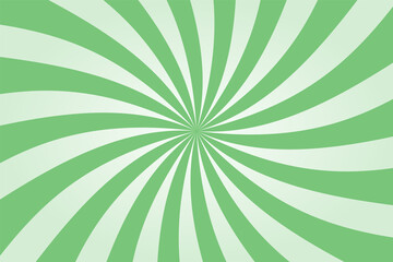 Green twisted sunburst background. Vintage swirling pattern wallpaper. Vortex or vertigo concept. Radial spiral stripes backdrop. Supernova. Comic design element. Vector illustration, flat, clip art.