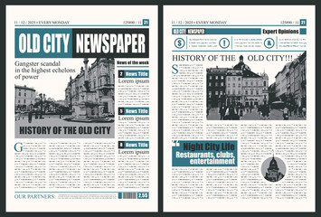 Vector city newspaper layout with headlines, illustrations