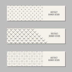 Set of 3 abstract vector banner templates. Banners with geometric elements, simple shapes, cross shapes. Place for text. Vector illustration.