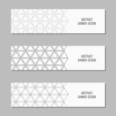Set of 3 abstract vector banner templates. Banners with geometric elements, triangles, dotted triangles. Place for text. Vector black and white backgrounds.