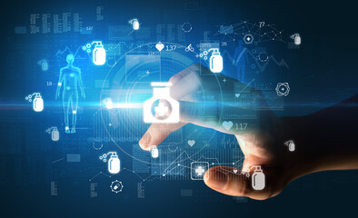 Doctor hand pressing futuristic health device with medical symbol on screen