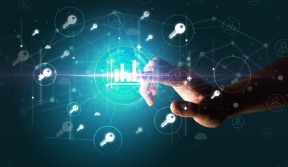 Businessman hand pressing stock graphic information on multitouch screen