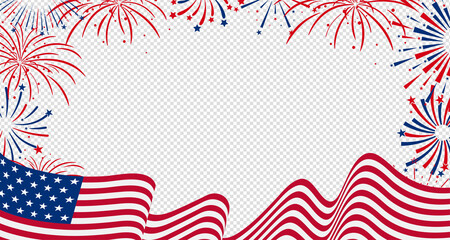 United States of America celebration banner template with us waving flag and firework illustration on transparent background. Vector illustration. 