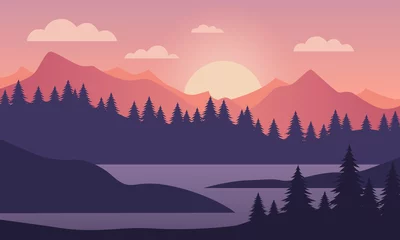 Gardinen Mountain landscape in the morning. Mountain and river views. Sunset landscape. Realistic pine forest and mountain silhouettes, evening wood panorama. Vector illustration  © OksanaValion