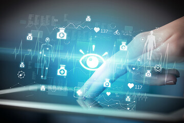 Close-up of a touchscreen with healthcare icons