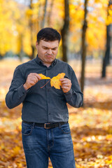 portrait of a disgruntled man, he tears yellow leaves in an autumn park, a disgruntled grimace and lack of joy on his face, a bright sunny day