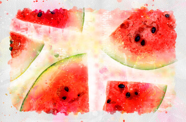 Red watermelon several lobules, watercolor art - obrazy, fototapety, plakaty