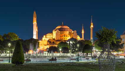 Panorama of Hagia Sophia mosque at night, Istanbul, Turkey.