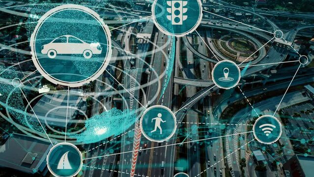 Smart transport technology concept for future car traffic on newish city road . Virtual intelligent system makes digital information analysis to connect data of vehicle on city street .
