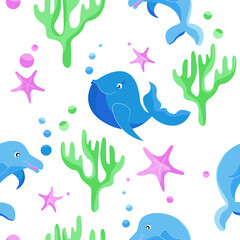 Underwater world seamless pattern. Whale and dolphin, corals, starfish and bubbles. Printing, textiles, packaging design and wallpaper.