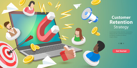 3D Vector Conceptual Illustration of Customer Retention Strategy, Digital Marketing Campaign, Inbound Marketing
