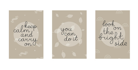 A set of cute positives with simple patterns and hand lettering. Life-affirming lettering. Vector illustration. Elegant greeting card with handwritten typography, pastel color postcard