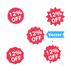 Set Sale 12% off banners, discount tags design template, extra promo, brush grunge, vector illustration