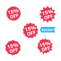 Set Sale 15% off banners, discount tags design template, extra promo, brush grunge, vector illustration