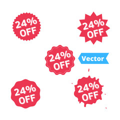 Set Sale 24% off banners, discount tags design template, extra promo, brush grunge, vector illustration