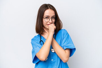 Young nurse Ukrainian woman isolated on white background is suffering with cough and feeling bad