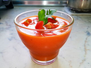 typical Spanish food Gazpacho. Tomato juice in glass