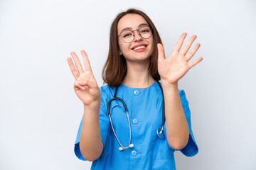 Young nurse Ukrainian woman isolated on white background counting eight with fingers