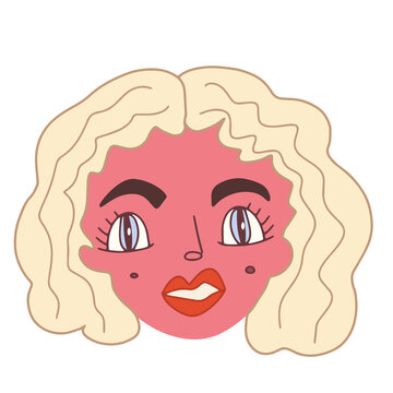 Doodle blonde girl with blue eyes face. Hand drawn vector illustration for print
