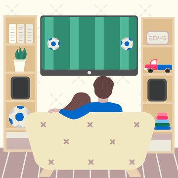 Couple watching championship of soccer on TV in the living room. vector illustration.