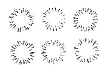 Doodle starburst. outline splash with drops. firework isolated light. decorative simple round frame.