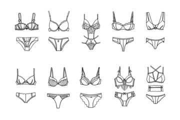 women underwear Collection of fashionable. Doodle outline hand drawn style. bra and panties - obrazy, fototapety, plakaty