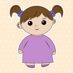 Cute cartoon girl in soft purple dress, simple vector illustration