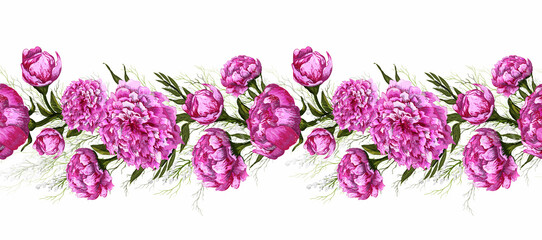 Fototapeta na wymiar seamless modern brush. elements: pink flower, peony branch, infinite brush. object hand-drawn in a realistic style. romantic decor. for print, banner, art vintage style.