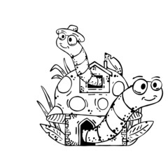 Mushroom house with funny caterpillar. Fairy tale children drawing. Fabulous natural dwelling with cute worm. Fun coloring book