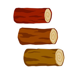 Set of wooden log. Brown timber forest element. Construction wood material with bark.