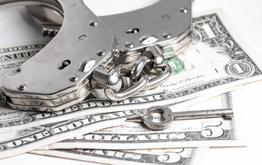 Police handcuffs with a key are on the low denomination USD bills. Minor crimes. Police handcuffs, the penalty of imprisonment for a crime. - obrazy, fototapety, plakaty