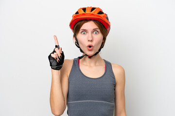 Young cyclist English woman isolated on white background intending to realizes the solution while lifting a finger up
