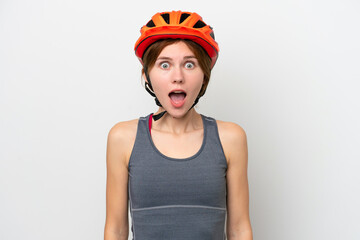 Young cyclist English woman isolated on white background with surprise facial expression